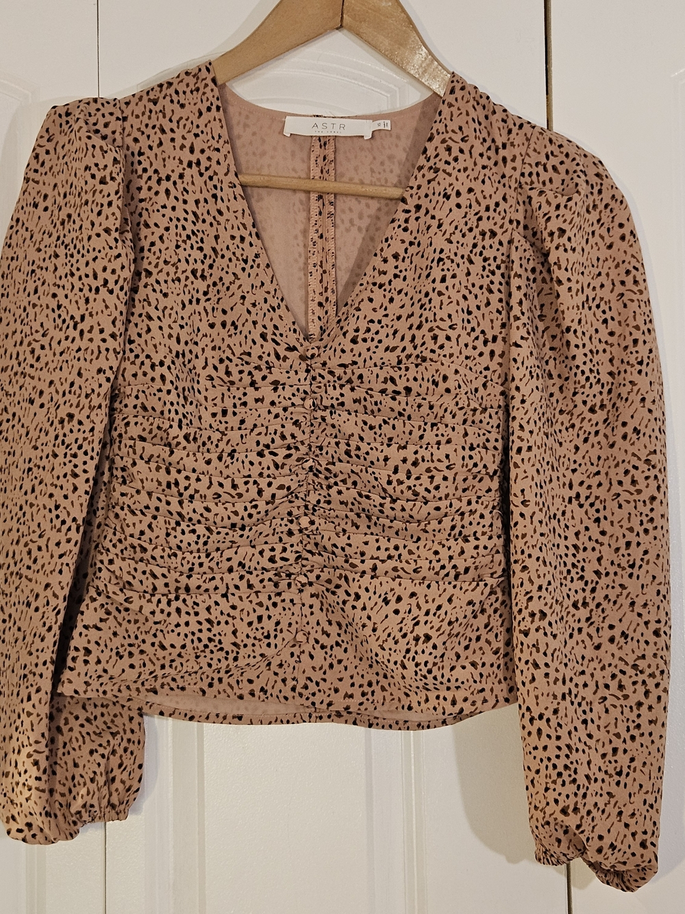 ASTR The Label Women's Top XS Leopard Print Knit Puff-Sleeve Coquette Soft Girl
